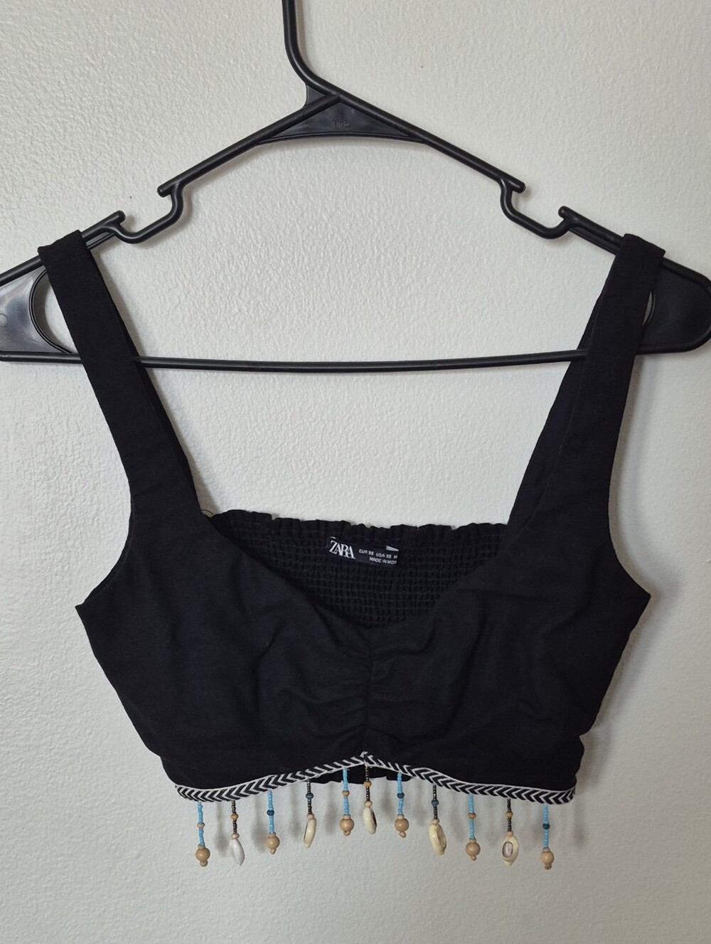 Zara Black Crop Top with Seashells and Beads Fringe XS